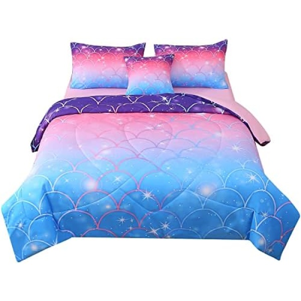 JQinHome Full Size Mermaid Comforter Set, 6 Piece Bed in A Bag 3D Colorful Bedding Set for Girls Kids (1 Comforter,2 Pillowcases,1 Flat Sheet,1 Fitted Sheet,1 Cushion Cover)(Pink Mermaid Scale)