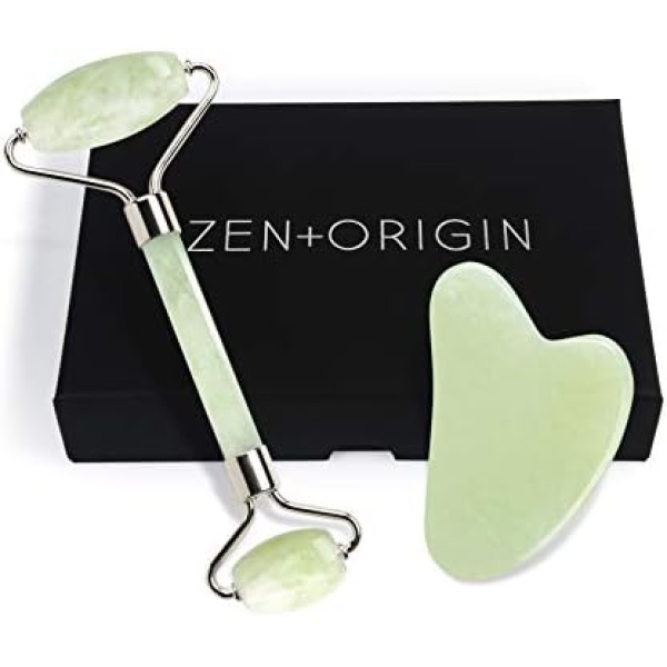 Jade Roller and Gua Sha Set - 100% Natural Jade Stone Face Roller, Dual Sided Massage Roller Stimulates Blood Flow, Relieves Stress, Reduces Signs of Aging, Travel Pouch Included, Gift Box