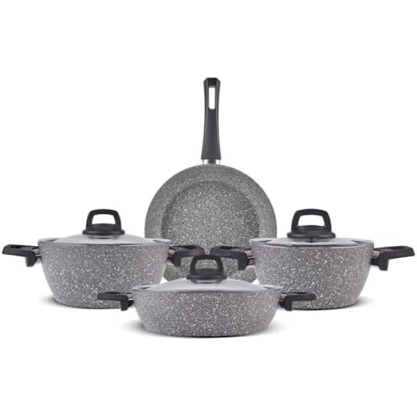 KARACA Gris BioGranite 4 Pieces Granite Cookware Pot and Pan Set. Non-Stick Coating, Natural Granite Copper Pots Pans and Glass Lids, 3 Pots with 3 Glass Lids and 1 Frying Pan, Granite Pots and Pans