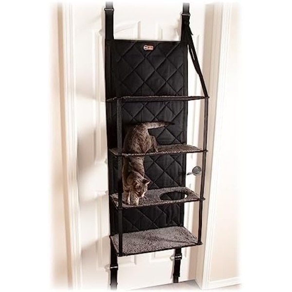 K&H PET PRODUCTS Hangin’ Cat Tree - Door Mounted Climber Cat Wall Perch Furniture Cat Hammock for Indoor, Hanging/Elevated Bed - 4 Story Gray 12 X 22 X 65 Inches