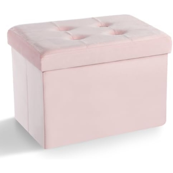 LINMAGCO Small Velvet Ottoman with Storage | Rectangle Ottoman Foot Rest Under Stool for Room Folding Ottoman Furniture with Button turfted-Lightpink 16X12X12IN