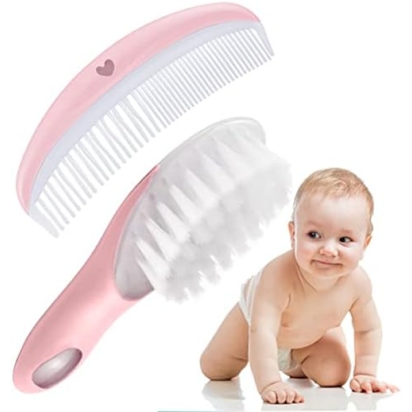 LNQ LUNIQI Baby Brush and Comb Set Soft Bristle Baby Brush Massage Scalp Brush for Newborn Cradle Cap Scalp Cleaning Care (Pink)