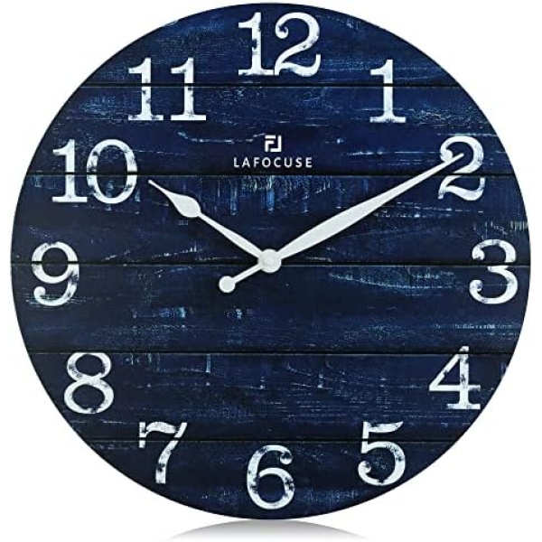 Lafocuse 12 Inch Rustic Farmhouse Wooden Wall Clock Silent Non Ticking,Battery Operated Vintage Shabby Chic Distressed Retro Navy Blue Clock Decorative for Living Room Kitchen Bedroom Office