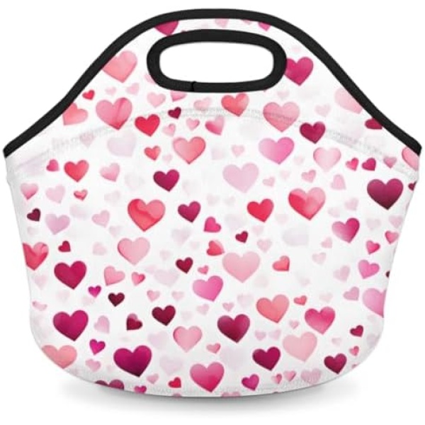 Lakiniss Neoprene Lunch Bag Beautiful Valentine's Day Hearts Reusable Tote Bags Cooler Thermal Meal Tote Kit Waterproof Food Carrying Lunch Handbag for Women Men Adult Work Gifts Picnic