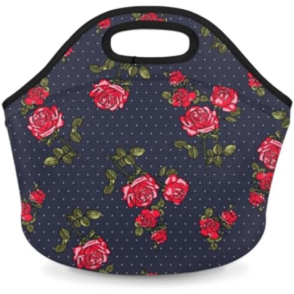 Lakiniss Neoprene Lunch Bag Rose Flower Dots Reusable Tote Bags Cooler Thermal Meal Tote Kit Waterproof Food Carrying Lunch Handbag for Women Men Adult Work Gifts Picnic