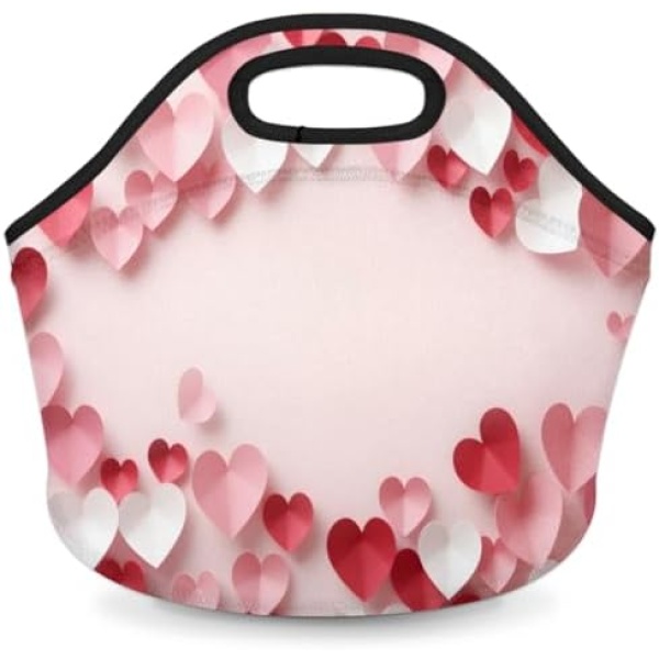 Lakiniss Neoprene Lunch Bag Valentine's Day Paper Cut Heart Reusable Tote Bags Cooler Thermal Meal Tote Kit Waterproof Food Carrying Lunch Handbag for Women Men Adult Work Gifts Picnic