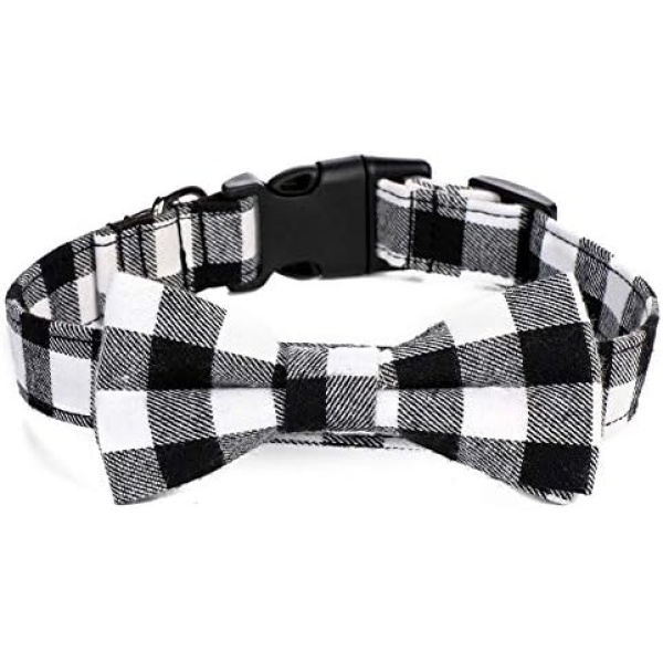 Love Dream Dog Collar with Bowtie, Soft and Comfortable Breakaway Plaid Dog Collar with Cute Bow Tie for Small Medium Large Dogs (Medium, White-Black Plaid)