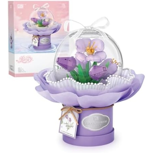 MEIEST Flower Building Blocks Set with Dust-Proof Dome,Simulation Bouquet for Valentine's Day,Bonsai Building Bricks Toys,Home Decor (Tulip)