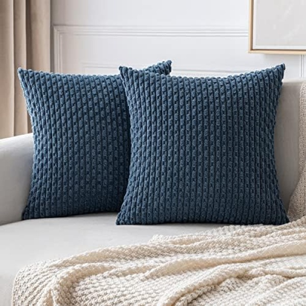 MIULEE Throw Pillow Covers Soft Corduroy Decorative Set of 2 Boho Striped Pillow Covers Pillowcases Farmhouse Home Decor for Couch Bed Sofa Living Room 20x20 Inch Blue