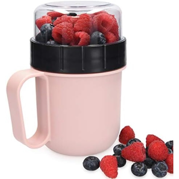 Navaris Breakfast To Go Cup - Portable 2-Piece Food Container Pot for Cereal, Yogurt, Oatmeal - Microwave and Dishwasher-Safe, BPA-Free - Pastel Pink