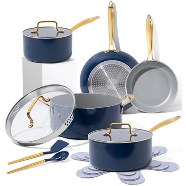 Navy Blue Pots and Pans Set Nonstick - 15 Piece Luxe Gold Pots and Pans Set - Induction Compatible, 100% PFOA Free Nonstick Frying Pans, Sauce Pans, Pot with Strainer Lid, Gold Kitchen Utensils