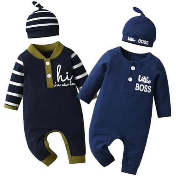 Newborn baby boy clothes Long Sleeve Letter Print Rompers Jumpsuit with Hat Baby-Boys 2-Pack