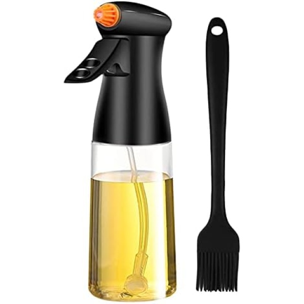 Oil Sprayer for Cooking, 200ml Olive Oil Spraye Bottle with Rotatable Nozzle,Brush,Leak Proof Glass Oil Spritzer Dispenser Bottles Kitchen Gadgets Accessories for Air Fryer,Salad Making,BBQ（Black）