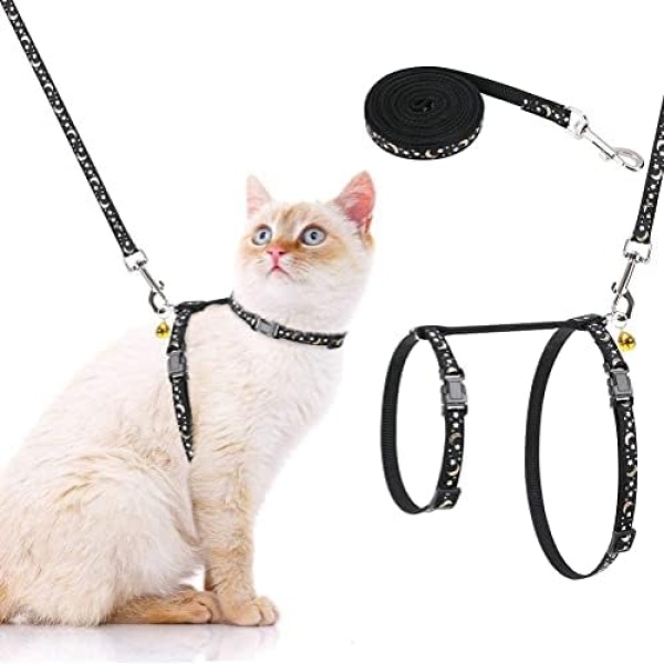 PAWCHIE Cat Harness and Leash Set - Adjustable Soft Escape Proof H-shped Kitty Vest Strap with Luminous Moon and Star Pattern for Outdoor Walking for Pet Cats