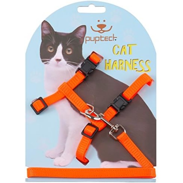 PUPTECK Adjustable Cat Harness and Leash Set Escape Proof Kitten Strap Collar for Walking Travel, Orange