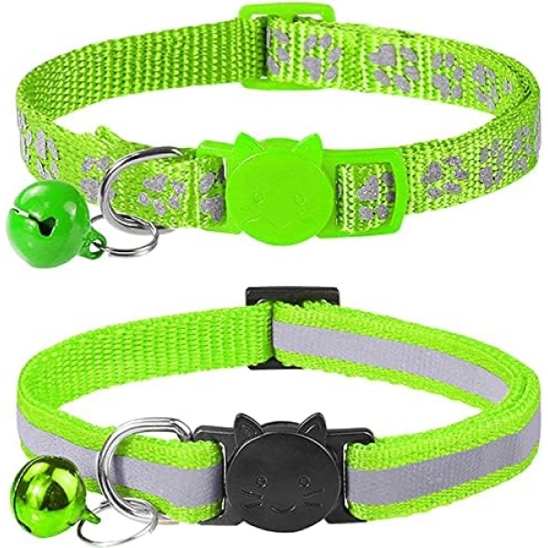 PXY Reflective Cat Collars Breakaway with Bell, 2 Pack (Green)