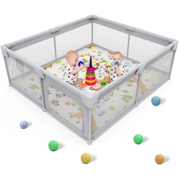 Palopalo Baby Playpen, 50''x50'' Extra Large Playard for Babies and Toddlers, Baby Activity Center with 8 Suction Cup Bases & All Wrapped Cushion, Infants Play Pen with Gate and Soft Breathable Mesh