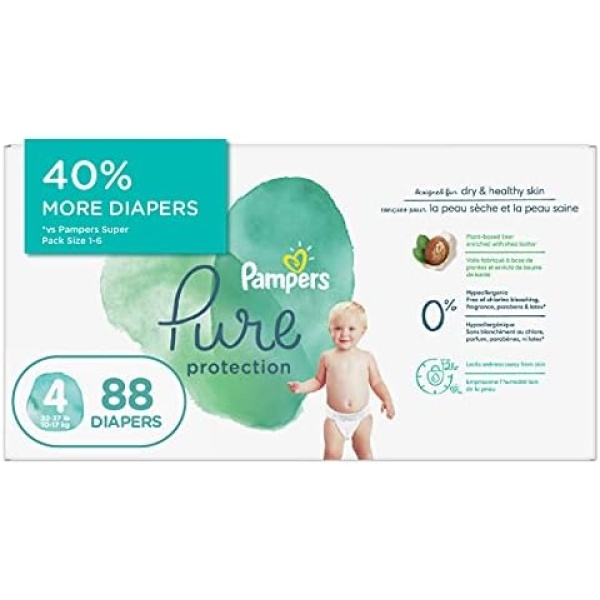 Pampers Diapers Size 4, 88 Count - Pure Protection Disposable Baby Diapers, Hypoallergenic and Unscented Protection, Super Pack (Packaging & Prints May Vary)