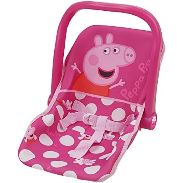 Peppa Pig: Baby Doll Car Seat - Pink & White Dots - Fits Dolls Up to 18" Convertible Into A Feeding Chair, Plastic Shell W/Fabric, Harness Belt, Pretend Play for Kids Ages 3+