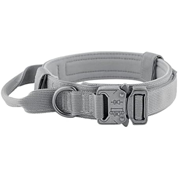 Plutus Pet Tactical Dog Collar, Soft Padded, Adjustable with Heavy Duty Metal Buckle, Military Dog Collar with Control Handle for Medium Large and Extra Large Dogs (M, Gray)