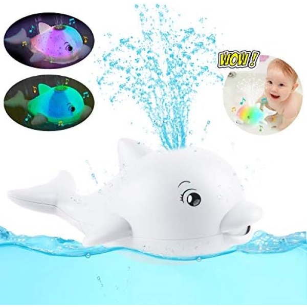 Pugimtoy Bath Toys for Toddlers 1-3 Dolphin Light Up Bath Toys Automatic Induction Fountain Bathtub Toys with Music and Flashing Light Ideal Gifts for 1 2 3 4 5 6 Year Olds Boys Girls White