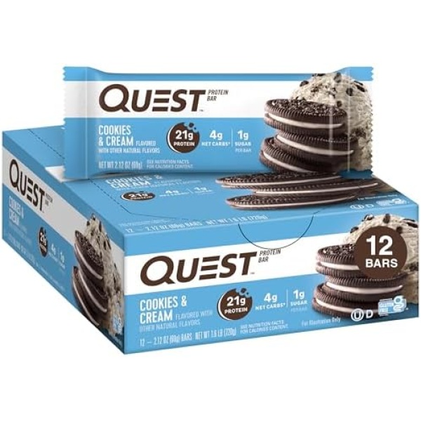 Quest Nutrition Cookies & Cream Flavour Protein Bar, High Protein, High Fibre, Low Sugar, Keto Friendly, 21g Protein, 1g Sugar, 12ct