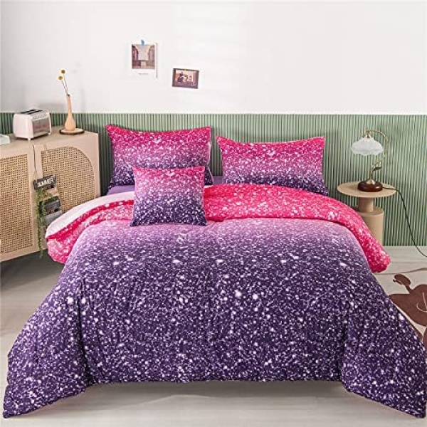 RYNGHIPY 6Pcs Full Gradient Pink Purple Glitter Comforter Sets for Teens Girls Kids, Colorful Rainbow Glitter Themed Bedding Set, Full (6-Piece)