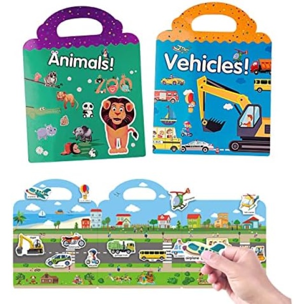 Reusable Sticker Books for Kids Age 2-4, Activity Books Toys for 2-4 Year Old Boys Girls, Travel Toys for Toddler 2 3 4 5 Year Old Girls Boys,Vehicles+Animals