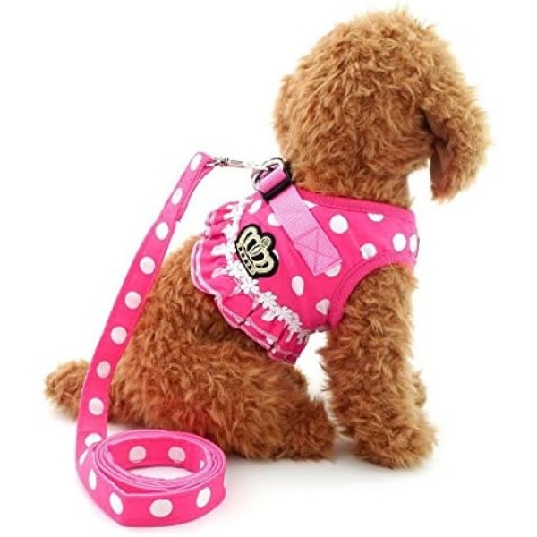 SELMAI Brother cat Dog Small Dog Harness Pink Leash Set Ladies Polka Dot Vest Mesh Padded Lead for Pet Cat Puppy Girls L