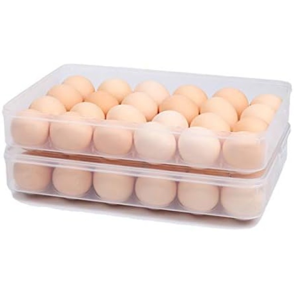 STARSLIFE Egg Holder for Refrigerator with Lid, Covered Eggs Tray Carrier Food Storage Containers, Plastic Stackable Organizer Case Protect and Keep Fresh for Fridge, Total Stores 48 eggs (Pack of 2)