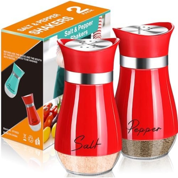 Salt and Pepper Shakers Set,4 oz Glass Bottom Salt Pepper Shaker with Stainless Steel Lid for Kitchen Cooking Table, RV, Camp,BBQ Refillable Design (Red)