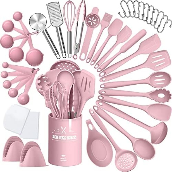 Silicone Cooking Kitchen Utensil Set, AIKKIL 43 Pcs Heat Resistant Cooking Utensils Set, Turner, Tongs, Spoon, Spatula, Kitchen Gadgets Tools Set for Nonstick Cookware, Pink(Dishwasher, BPA Free)