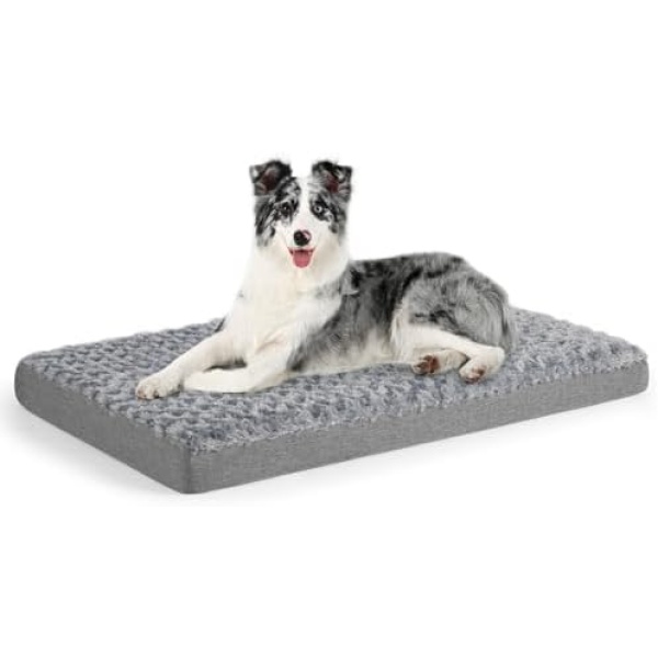 Sivomens Dog Bed, Dog Beds for Large Dogs Washable, Dog Crate Pads with Removable Cover & Faux Fur, Soft Plush Memory Foam Orthopedic Dogs Bed Mat, Supports Dogs Up to 55 Lbs, Deep Grey