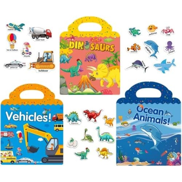 Sticker Toys for 2 3 4 5 Year Old Girls Boys Gifts, Vehicles Dinosaur Ocean Animals Sticker Book, Sticker Activity Books for Kids Age 2-4, Reusable Stickers Learning Toy Travel Toys for Toddlers