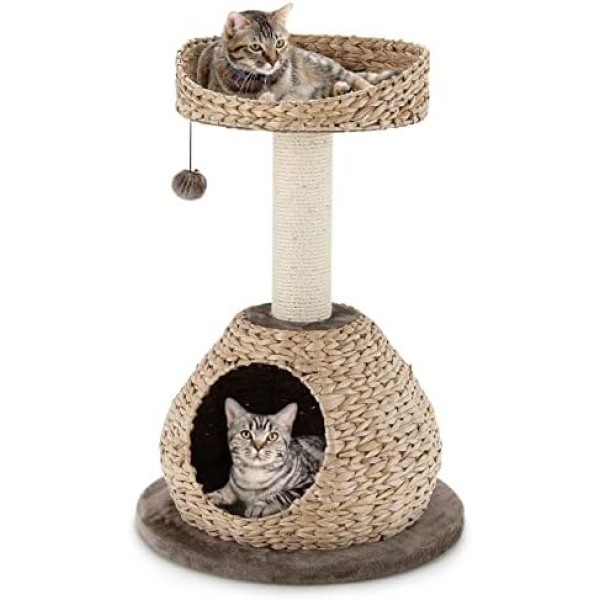 Tangkula Modern Cat Tree for Indoor Cats, Small/Tall Cat Tree with Natural Sisal Scratching Post, Hand-Made Wicker Cat Condo & Top Perch, Funny Hanging Toy Ball, Cute Cat Tree Tower for Large Cats