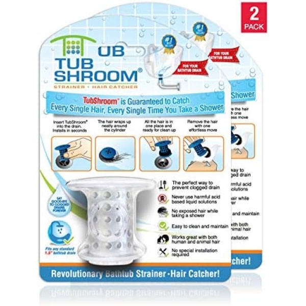 TubShroom Revolutionary Tub Drain Protector Hair Catcher/Strainer/Snare, Clear (2 Pack)