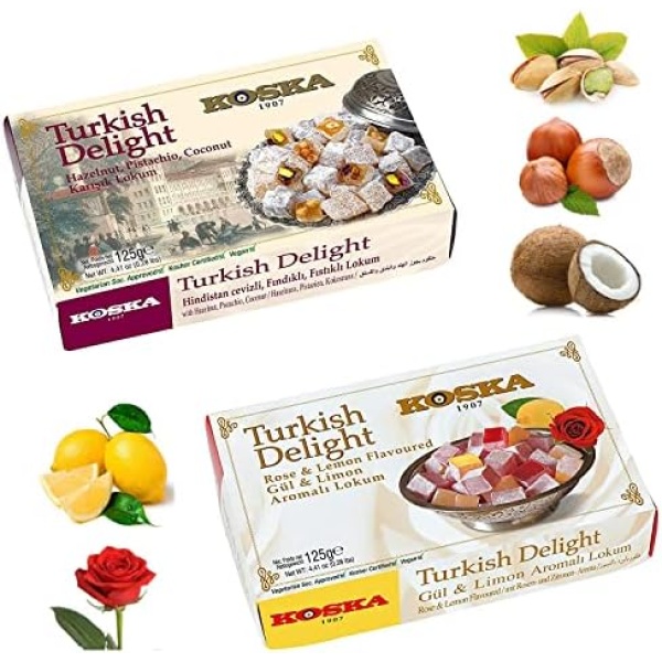 Turkish Delight Candy Gift with Mix Flavours | Pack of 2 | Pistachio, Hazelnut, Coconut, Rose, and Lemon | 2 packs 125 gr-4.4 oz Snacks | Sweet Luxury Traditional Vegan Halal Kosher Soft Dessert Lokum (Loukoumi)