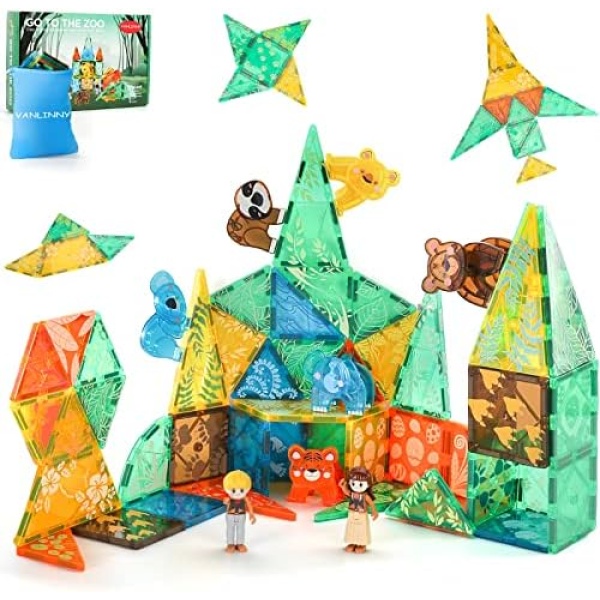 VANLINNY Animals Magnetic Tiles for Kids 3-8, Jungle Animals Magnet Building Set, 3D Building Blocks Gift for Boys and Girls, STEM Learning Toy to Improve Creativity, Birthday Xmas Gifts for Kids