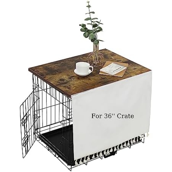 VIE DE AMAN Dog Crate Topper Wood for 48 42 36 24 inch Cages, Dog Crate Table Topper with Tassel Curtain, Rustic Style Dog Kennel Topper, Rustic Brown(Dog Crate Not Include)