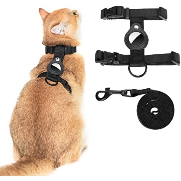 VKPETFR Cat Harness and Leash Set with Airtag Holder, Cats Escape Proof, Adjustable Kitten Harness for Small Large Cats, Lightweight Soft Walking Travel Harness(Black)