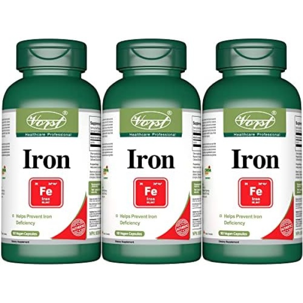 VORST Iron 45mg 90 Vegan Capsules | Max Strength Supplements for Iron Deficiency and Fatigue | Made with Ferrous Fumarate Mineral for Men & Women | 3 Bottles