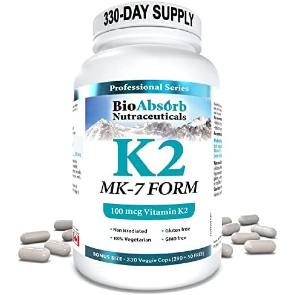 Vitamin K2 MK-7 100 mcg. 330-Day Supply of K2 Vitamin Supplement (330 Veggie Vitamin K Capsules, MK7 Form)