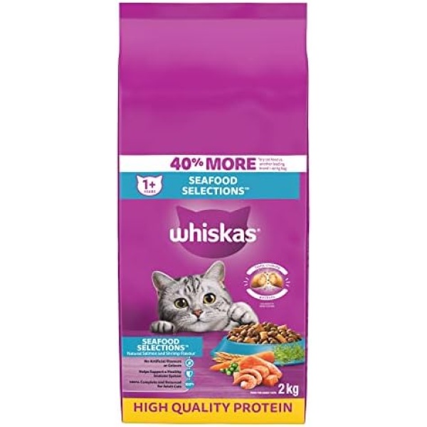 WHISKAS Seafood Selections Adult Dry Cat Food With Real Salmon, 2kg Bag