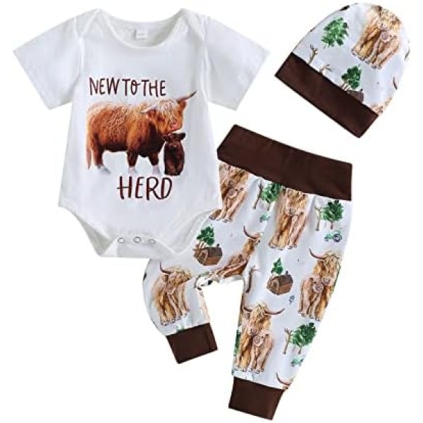 Western Newborn Baby Boy Fall Clothes New to The Herd Onesie Cow Print Pants 3Pcs Country Cowboy Coming Home Outfit