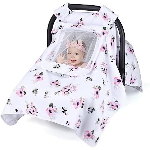 Winter Baby Car Seat Cover: Infant car seat Covers for Babies Boys Girls, Sun Protection Newborn Carrier Canopy with Mesh Peep Window, Stretchy Stroller Canopy for All Seasons (Pink Flower)