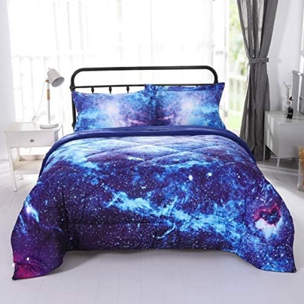 Wowelife Galaxy Comforter Full Size, Blue and Purple Galaxy Bed Set Colorful, 5 Piece Bedding Set with Print Comforter