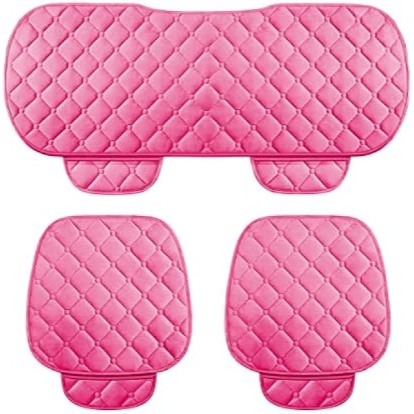 XINLIYA 3PCS Set Car Seat Cushion for Front and Back Seat, Velvet Breathable Auto Seat Cover with Comfort Memory Foam and Non-Slip Rubber Bottom, Vehicle Seat Protector Pad (Pink)