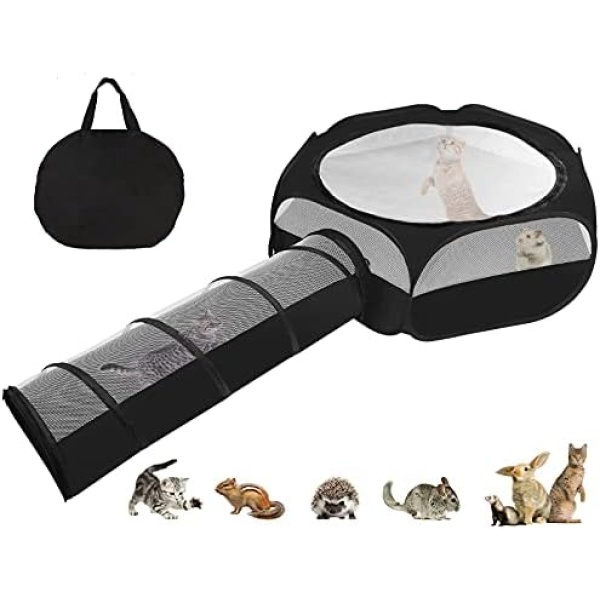Zhilishu Small Animal Playpen, Portable Guinea Pig Playpen Pet Playpen Kitten Playpen with Double Zippered Cover Indoor Outdoor for Bunny, Rabbit, Hamster Connect Tunnel