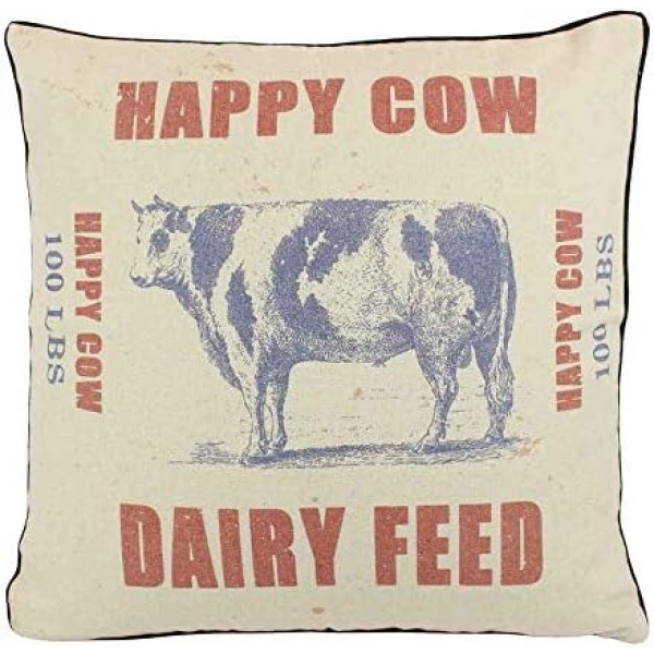 enFen Shabby Chic Farmhouse Primitives Grain Sack Happy Cow Dairy Feed Throw Pillow Covers 16'' French Style