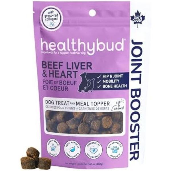 healthybud Hip and Joint Supplement Dog Treats - Soft Beef Liver Bites with Glucosamine, Chondroitin, Green Lipped Mussels, Omega-3, Turmeric, Collagen, Senior Dog Chews for Arthritis Support, 14.1oz